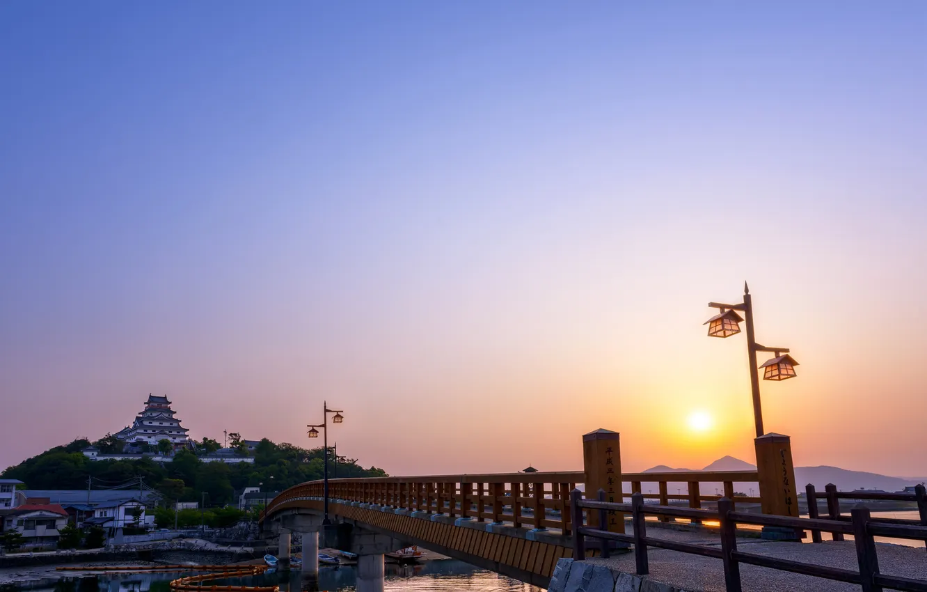 Photo wallpaper the sky, the sun, bridge, sunrise, castle, dawn, morning, Japan