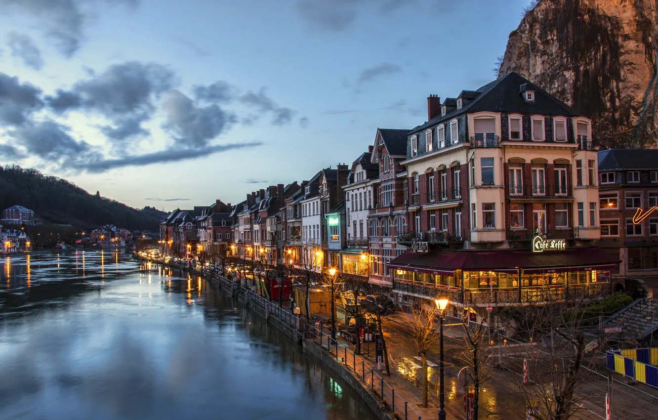 Photo wallpaper the sky, night, lights, home, channel, Belgium, Dinant