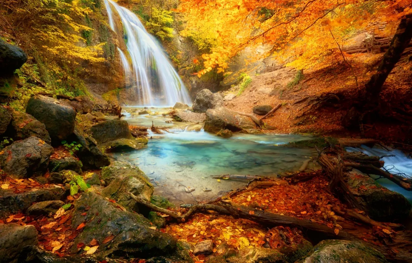 Photo wallpaper colorful, forest, beautiful, autumn, leaves, waterfall, fall, foliage