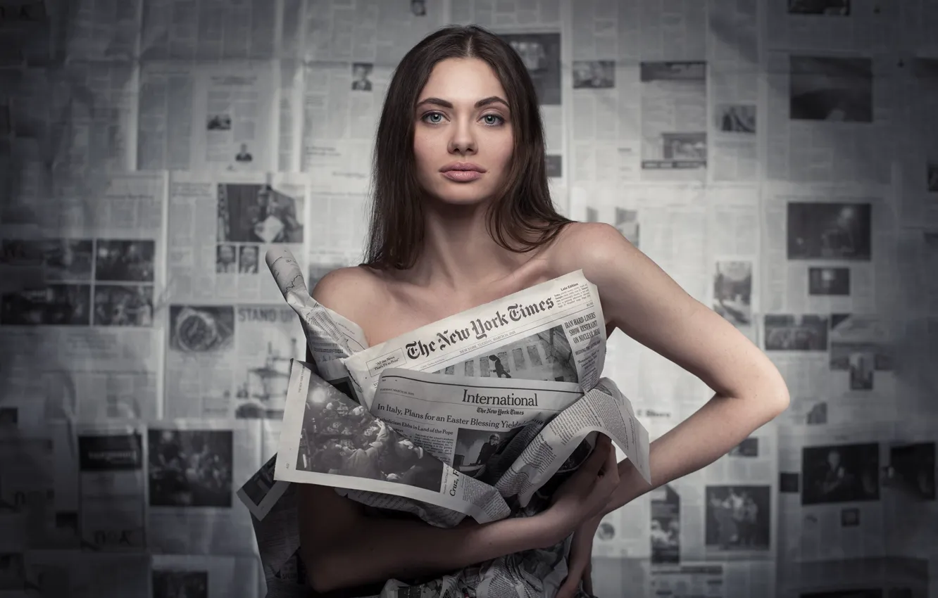 Photo wallpaper look, girl, brunette, newspaper