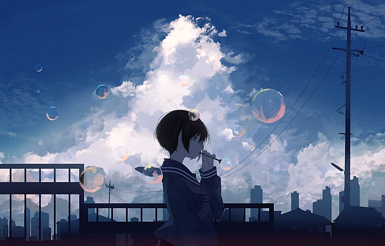 Photo wallpaper girl, the city, bubbles, school uniform