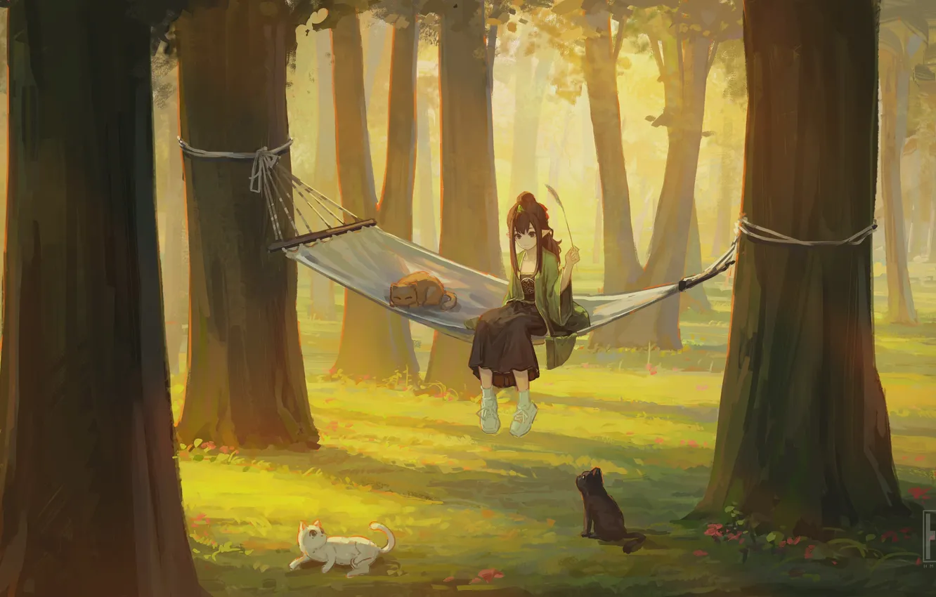 Photo wallpaper forest, girl, cats, elf, hammock