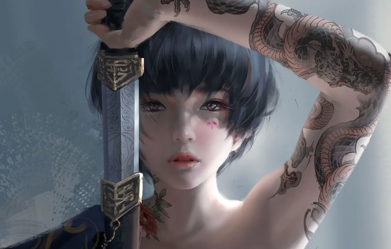Photo wallpaper look, girl, sword, Japan, tattoo, fantasy, art