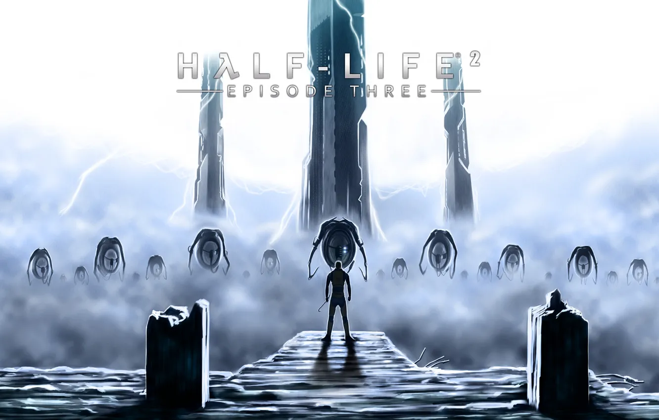 Photo wallpaper fog, Apocalypse, robots, destruction, tower, Half Life, hunters, scrap