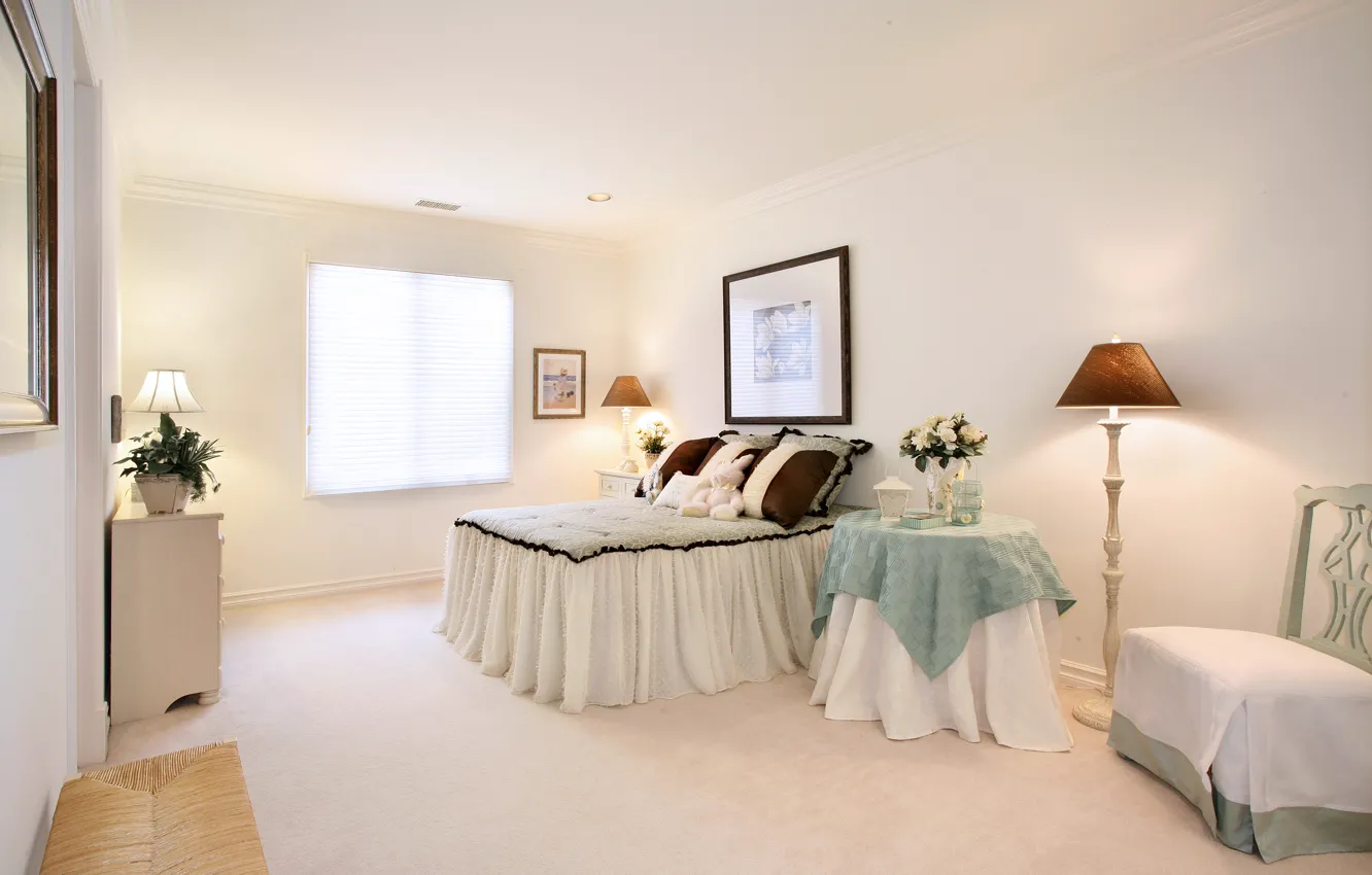 Photo wallpaper white, design, photo, table, lamp, bed, interior, bedroom