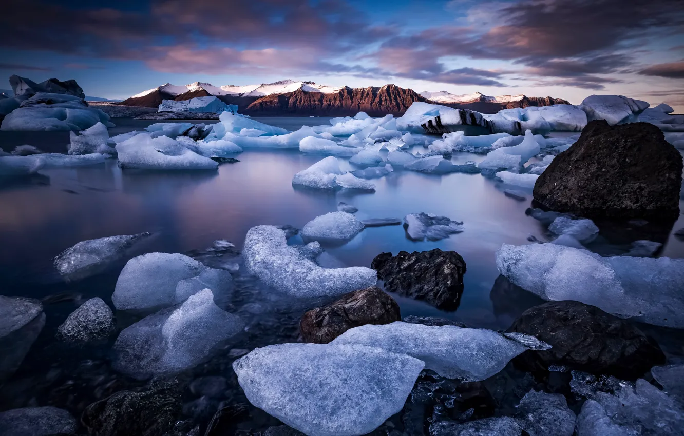 Photo wallpaper winter, mountains, shore, ice, ice, Iceland, pond