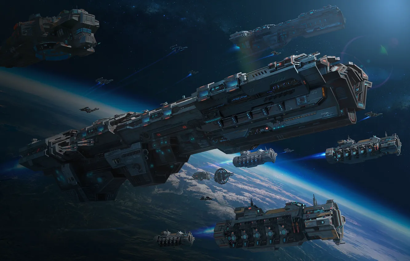 Photo wallpaper space, stars, transport, ship, planet