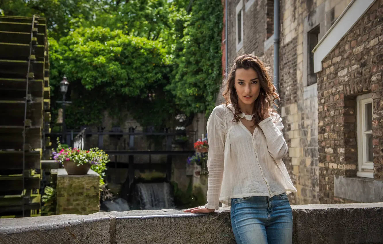 Photo wallpaper girl, jeans, blouse, Belgium, Philippe, Leopoldsburg, by the watermill