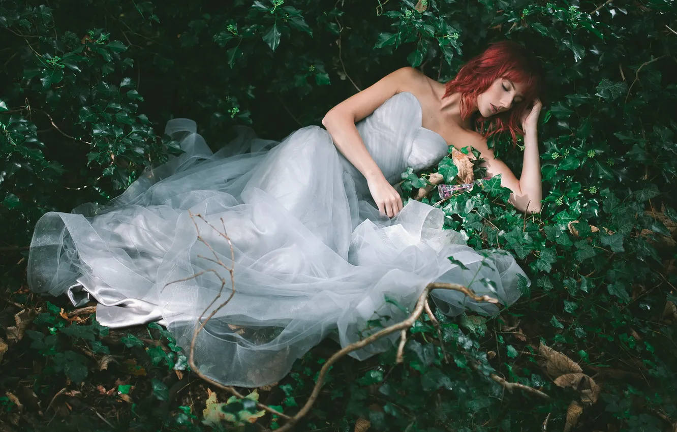 Photo wallpaper forest, girl, thickets, sleep, dress, sleeping, lies, red