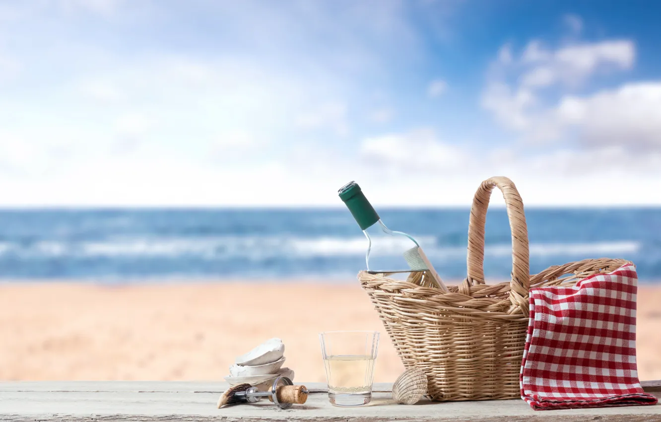 Photo wallpaper sand, sea, beach, glass, basket, bottle, tube, shell