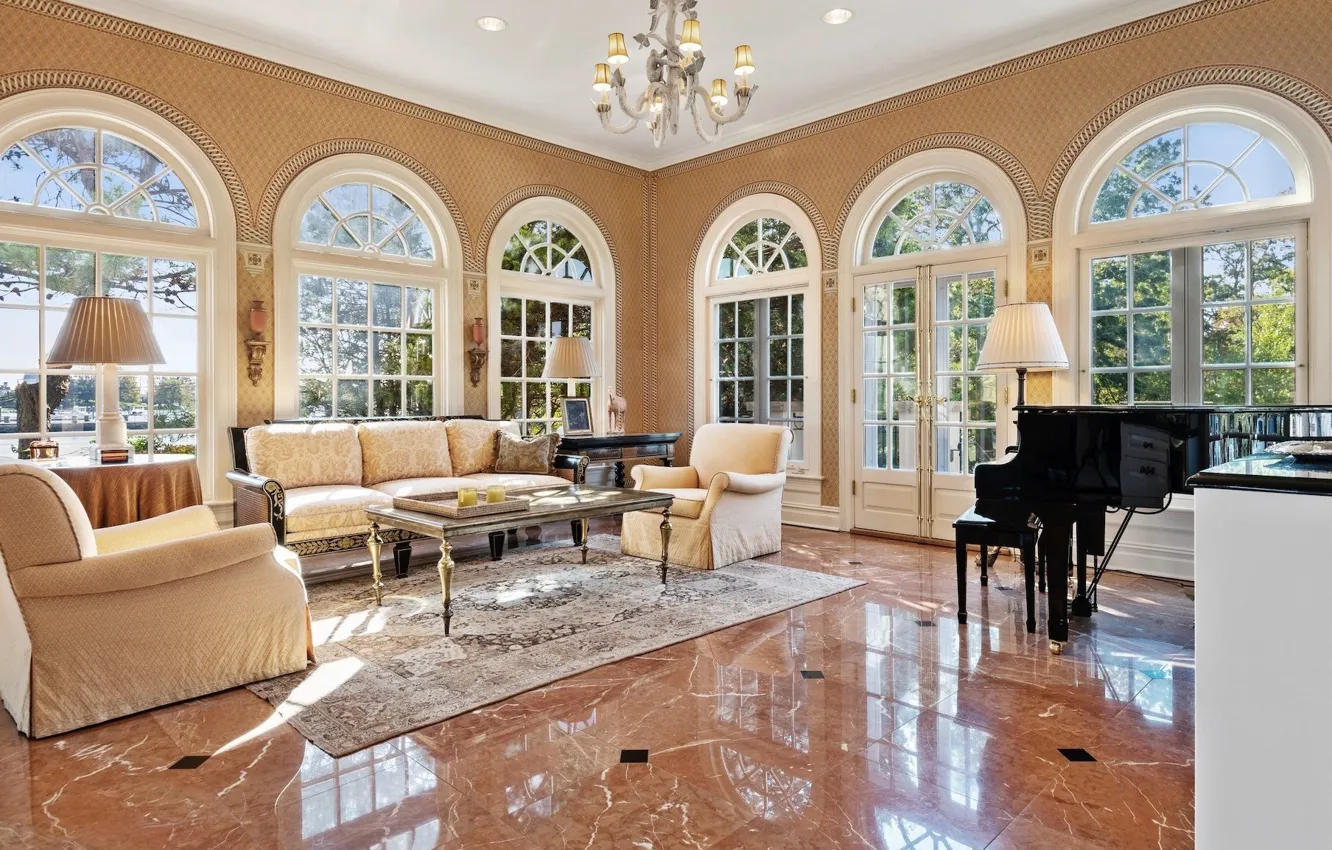 Photo wallpaper design, style, Villa, interior, piano, marble, living room, North Carolina