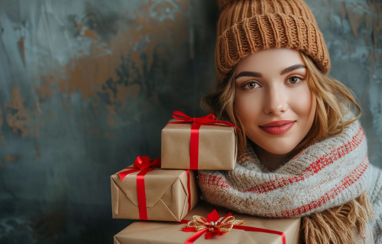 Photo wallpaper winter, look, girl, face, smile, wall, holiday, gift