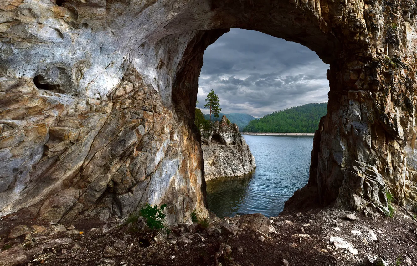 Photo wallpaper landscape, mountains, nature, stones, rocks, forest, reservoir, Krasnoyarsk Krai