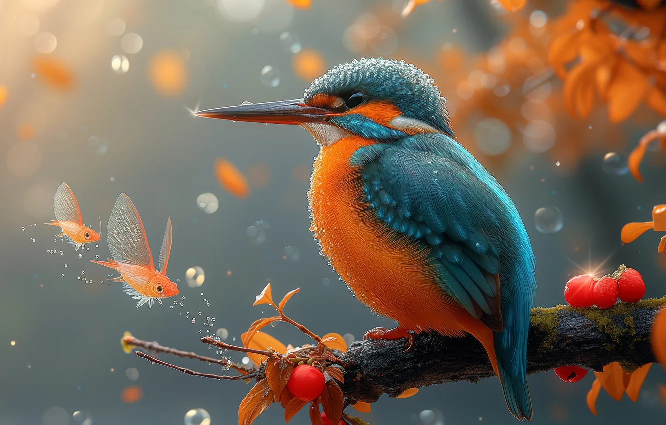 Photo wallpaper look, leaves, water, drops, light, fish, branches, nature