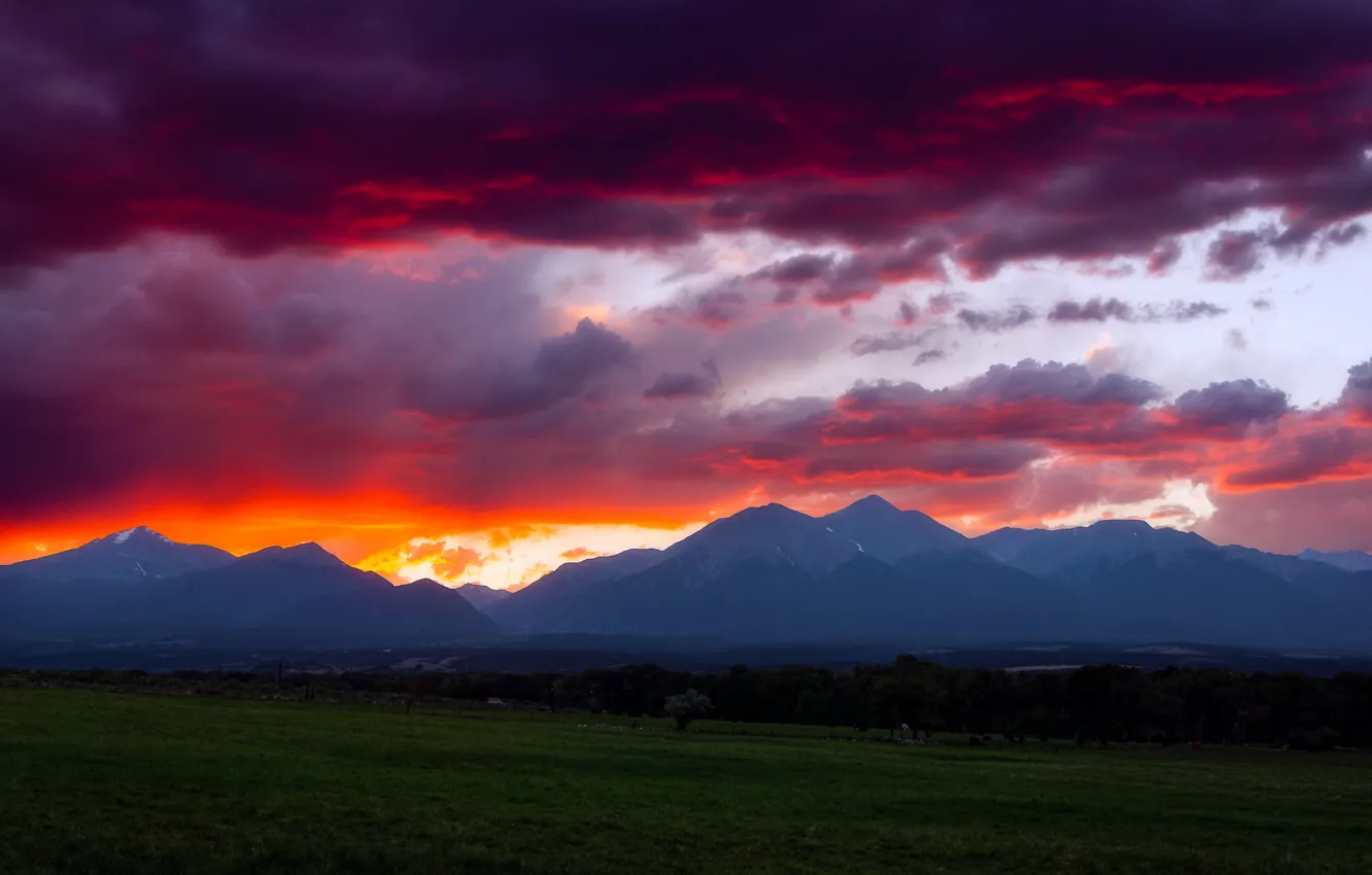 Photo wallpaper the sky, clouds, sunset, mountains, clouds, the evening, USA, fire