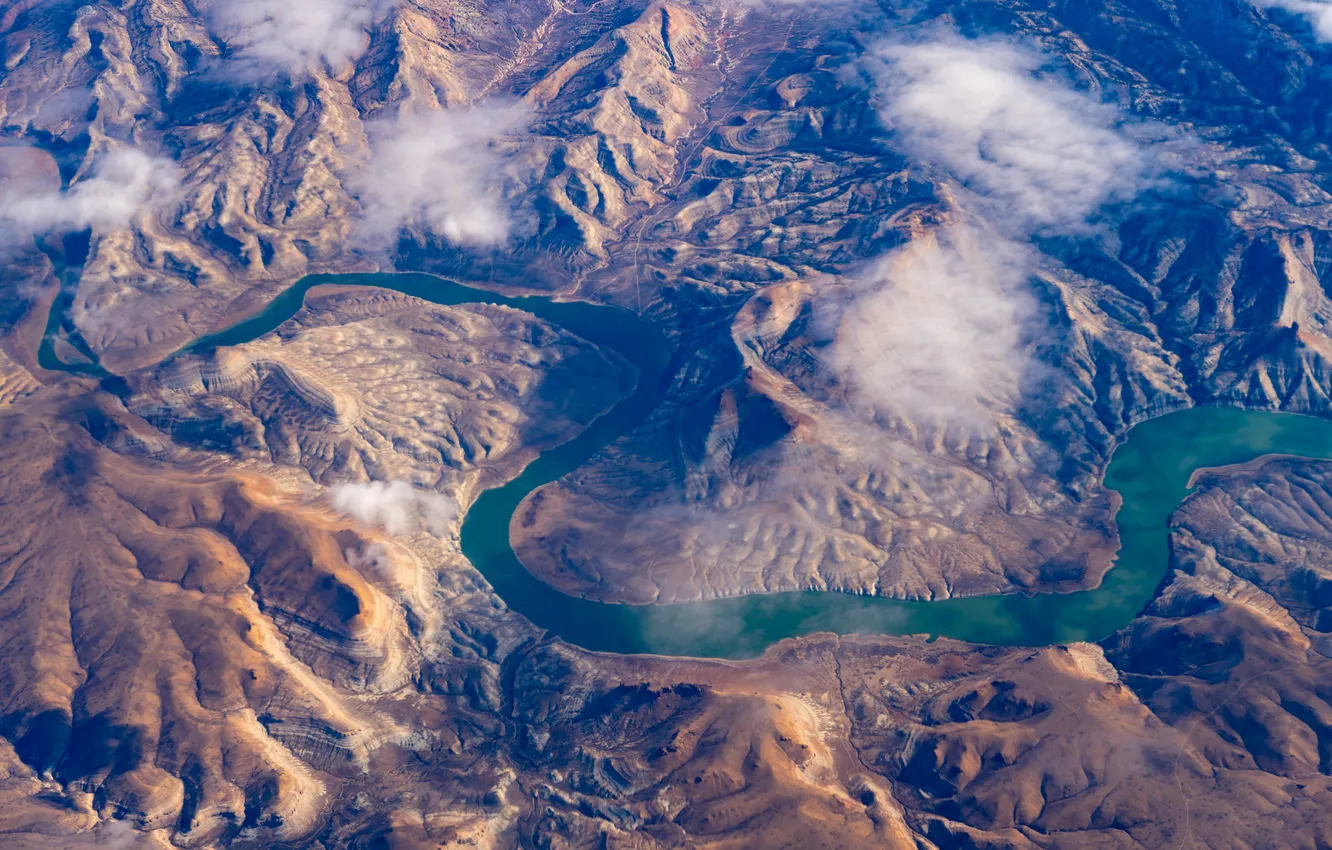 Photo wallpaper mountains, river, landscape, view from the height