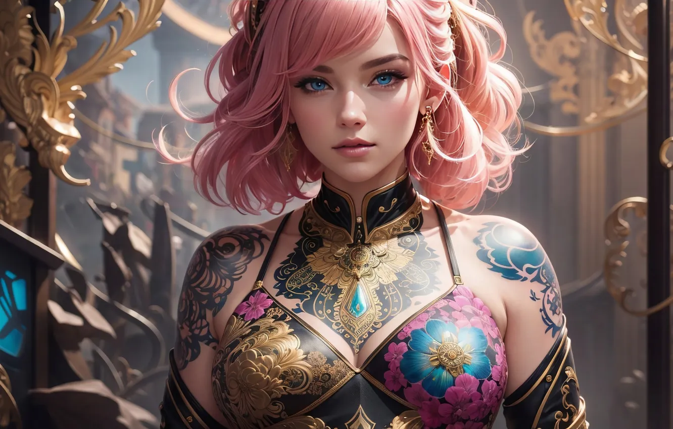 Photo wallpaper girl, pink hair, anime, tattoo, anime girl, AI Generated
