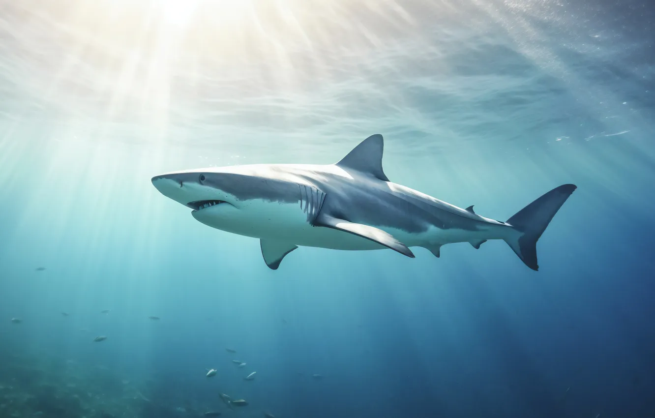 Photo wallpaper predator, shark, underwater world, the rays of the sun, digital art, AI art, The Art …