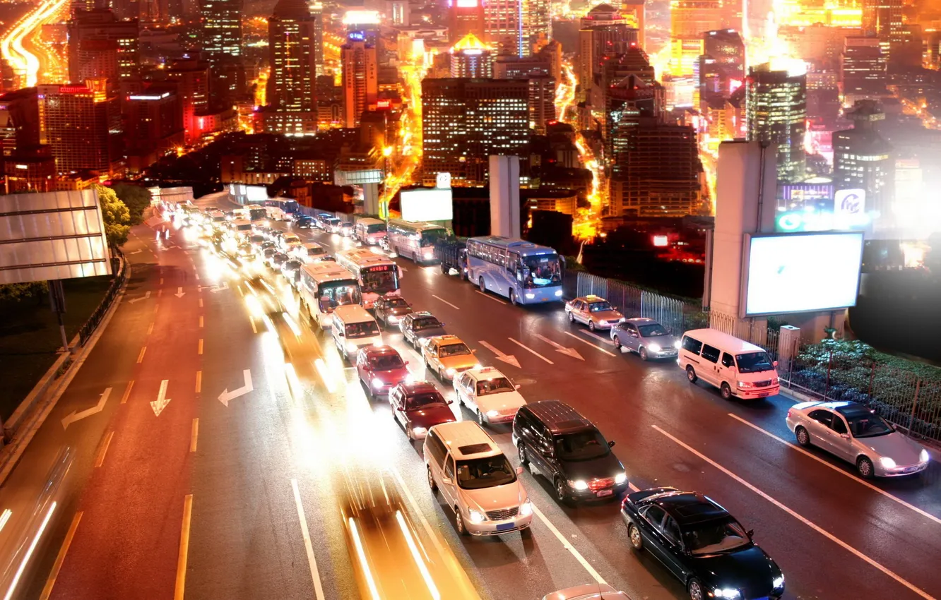 Photo wallpaper road, the city, movement, transport, home, night. lights