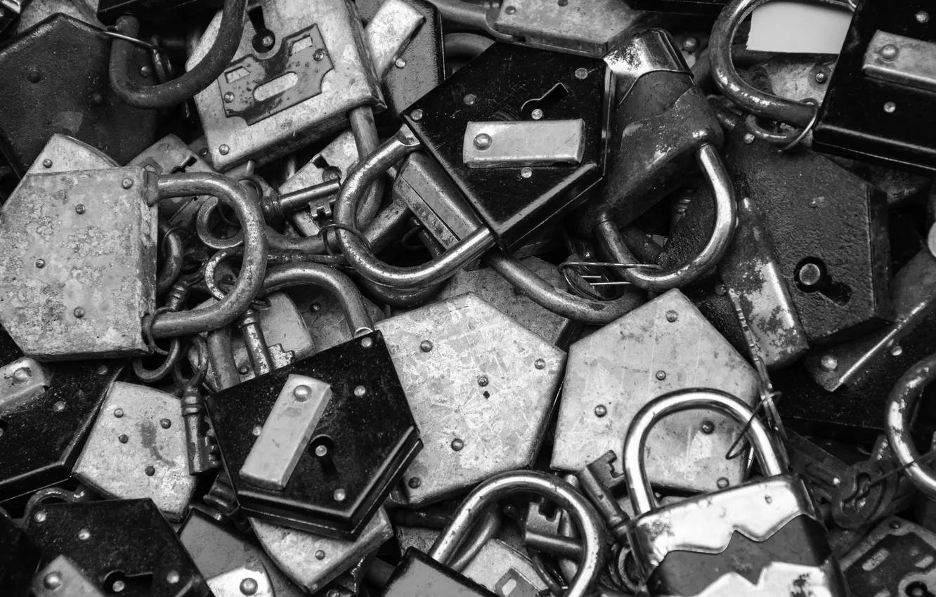 Photo wallpaper metal, white and black, locks