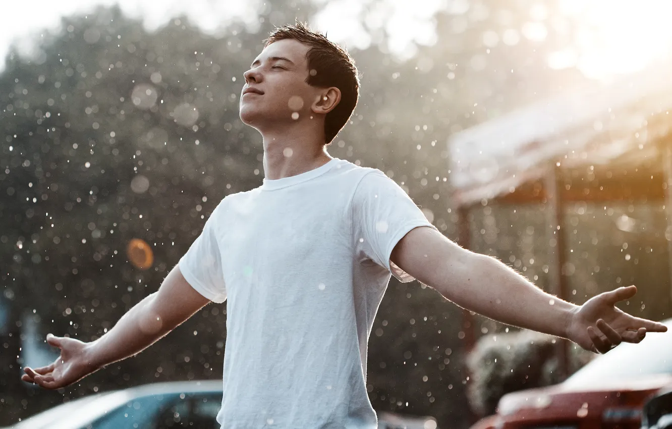 Photo wallpaper rain, guy, peace, dark brown