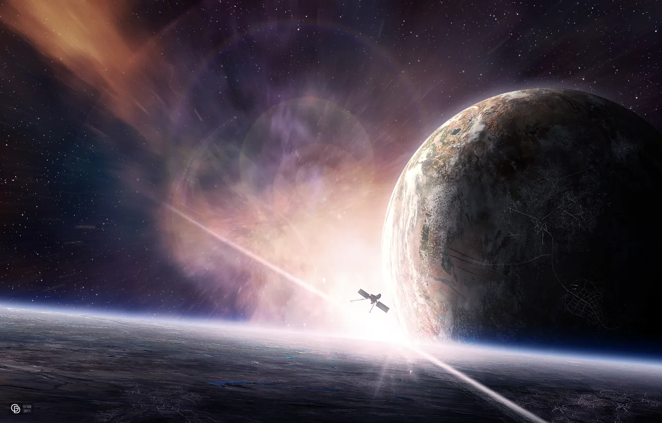 Photo wallpaper stars, surface, planet, satellite, the atmosphere, satellite