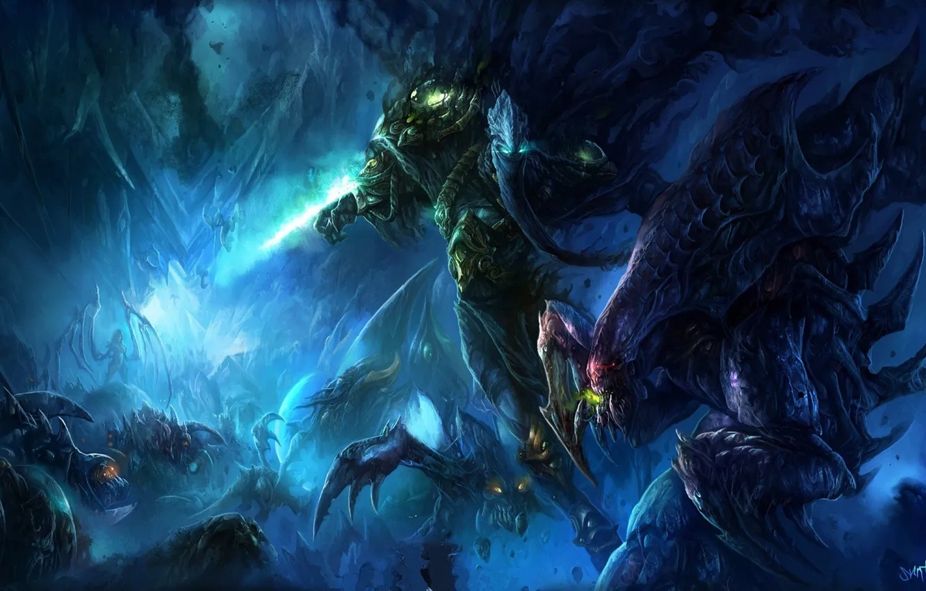 Photo wallpaper stones, monster, battle, starcraft 2, Zeratul