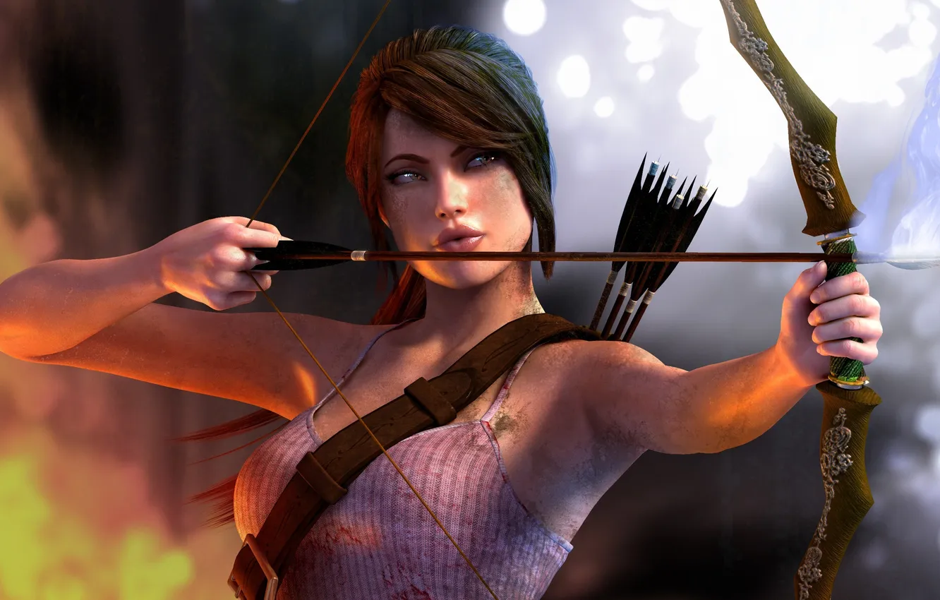 Photo wallpaper girl, lights, bow, Tomb Raider, Lara Croft