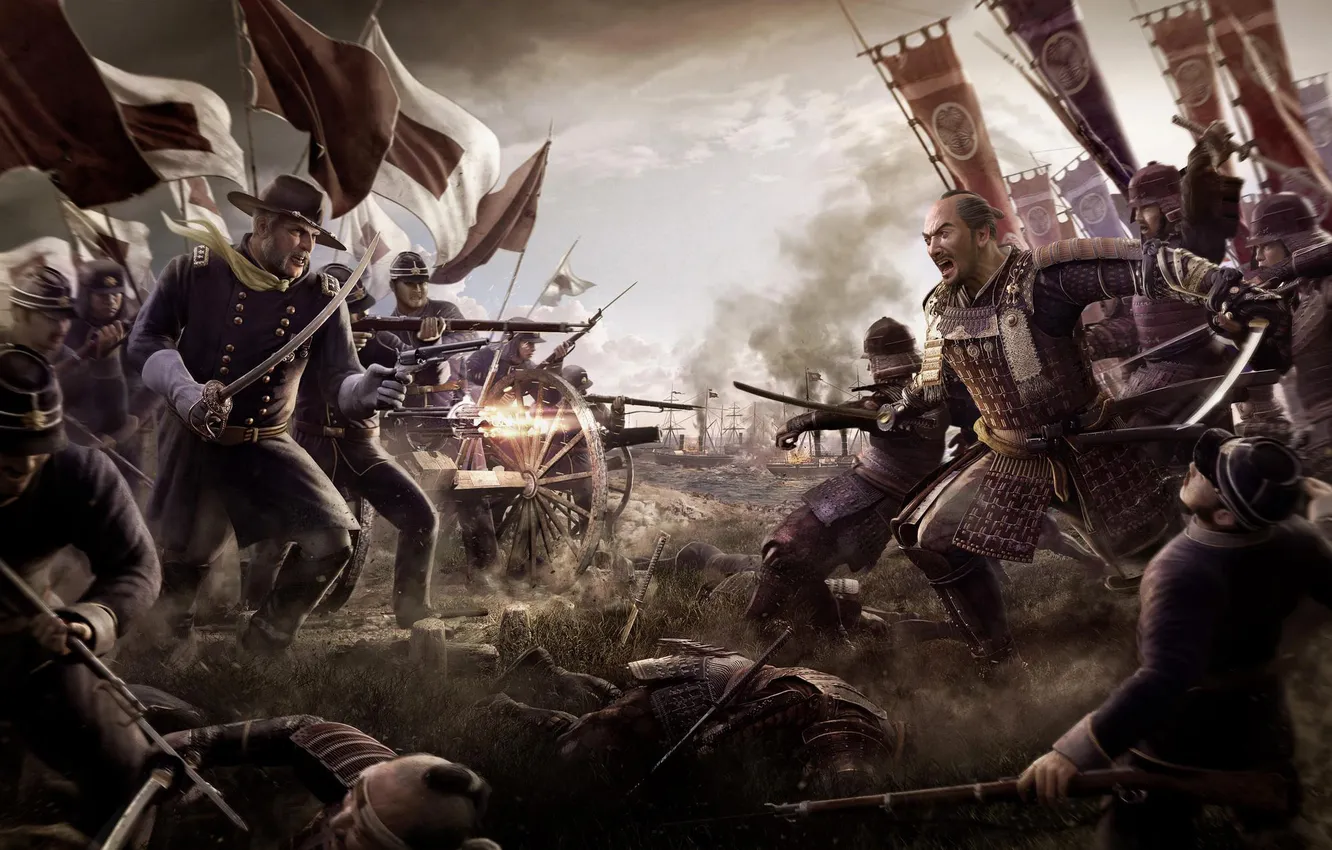 Photo wallpaper Japan, Total War, Guns, Shogun 2, Background, Battle, Video Game, Warriors
