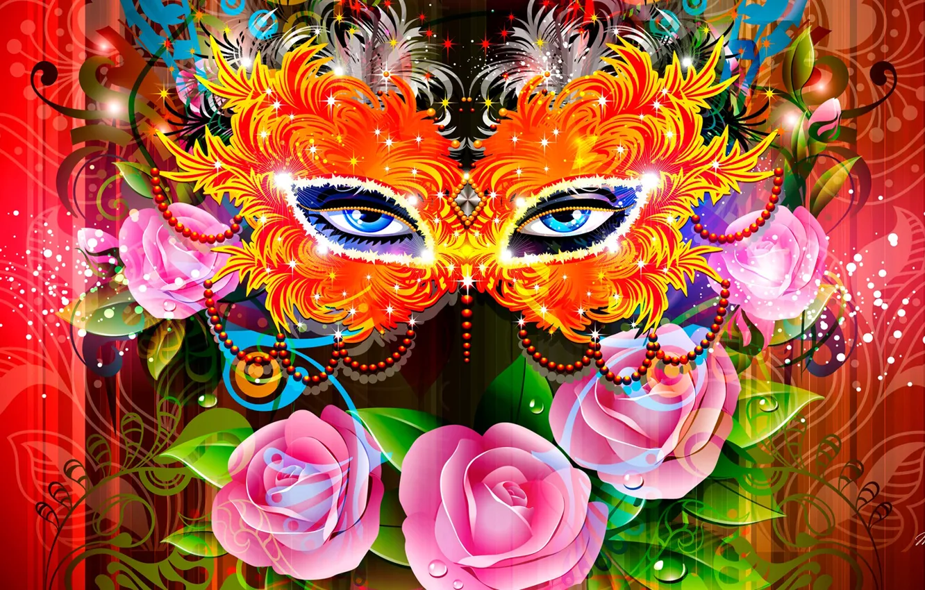 Photo wallpaper eyes, flowers, abstraction, collage, mask, masquerade
