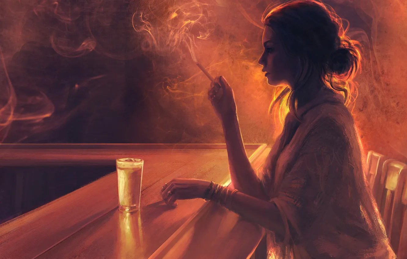 Photo wallpaper girl, glass, smoke, chairs, cigarette, profile, boredom, bar