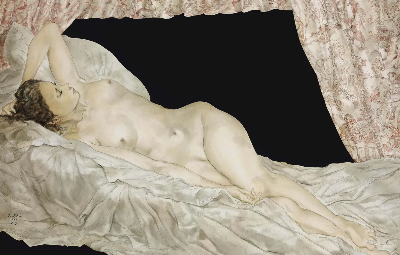 Photo wallpaper chest, woman, naked, bed, 1949, Tsuguharu, Fujita, Reclining Nude
