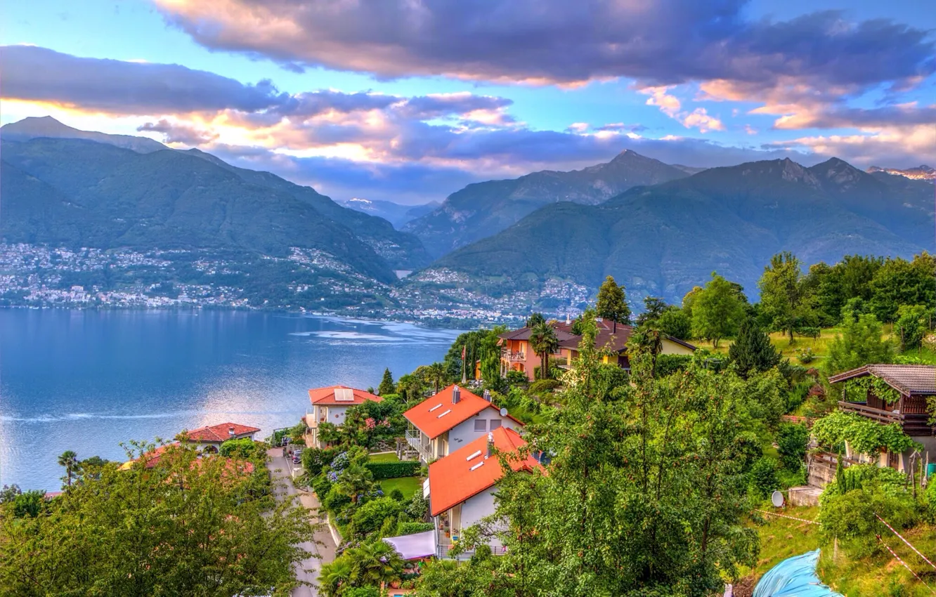 Photo wallpaper mountains, lake, home, Switzerland, Alps, panorama, town, Switzerland
