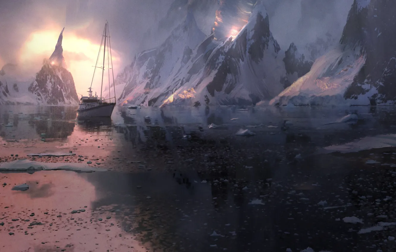Photo wallpaper snow, mountains, ship, ice, Ice world