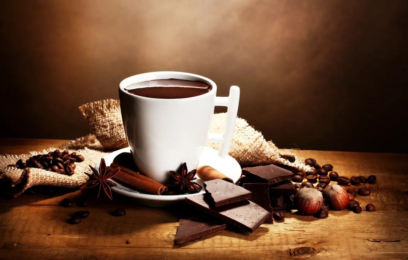 Photo wallpaper coffee, chocolate, grain, Cup, nuts, cinnamon