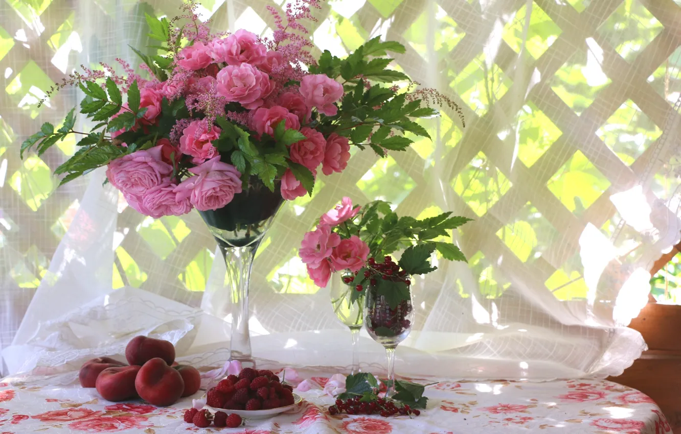 Photo wallpaper summer, raspberry, roses, bouquet, still life, peaches, currants, veranda