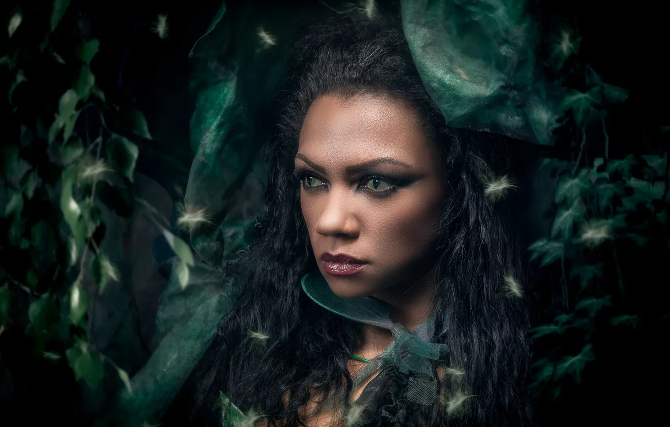 Photo wallpaper look, leaves, face, cat's eye, organza