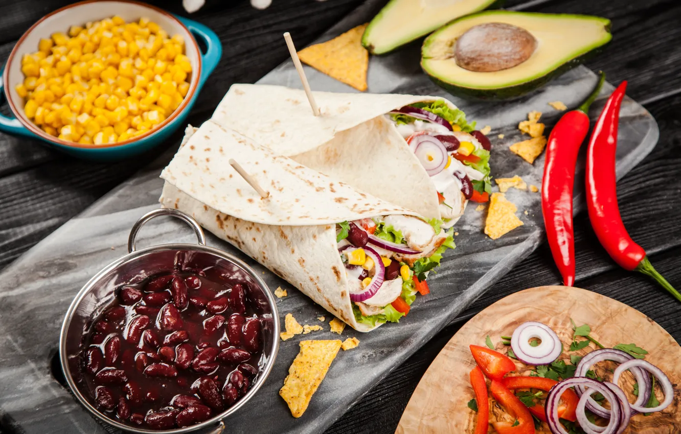 Photo wallpaper bow, meat, vegetables, food, Mexican, pita, pellet, tortillla