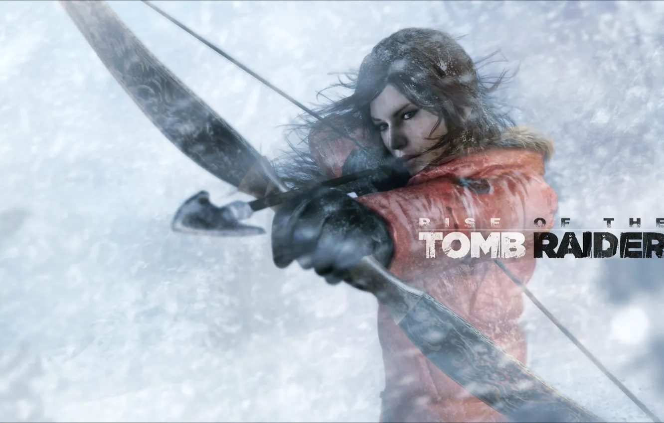 Photo wallpaper girl, snow, the wind, bow, arrow, lara croft, Blizzard, tomb raider