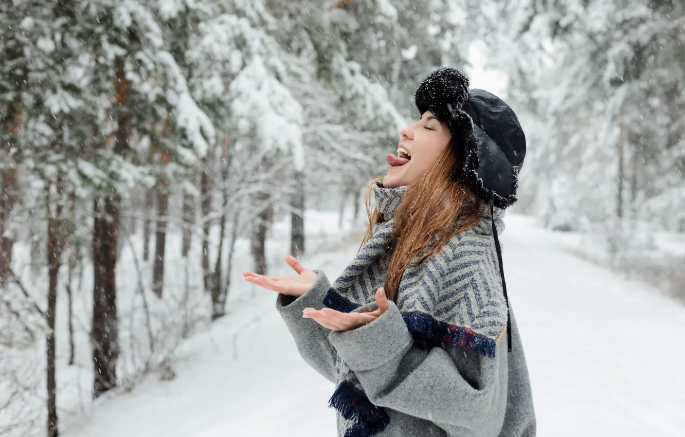 Photo wallpaper language, girl, snow, hat, brown hair, coat