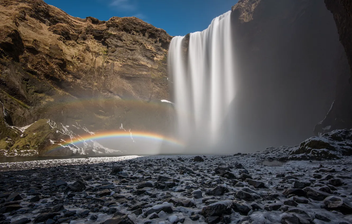 Photo wallpaper landscape, mountains, waterfall, rainbow