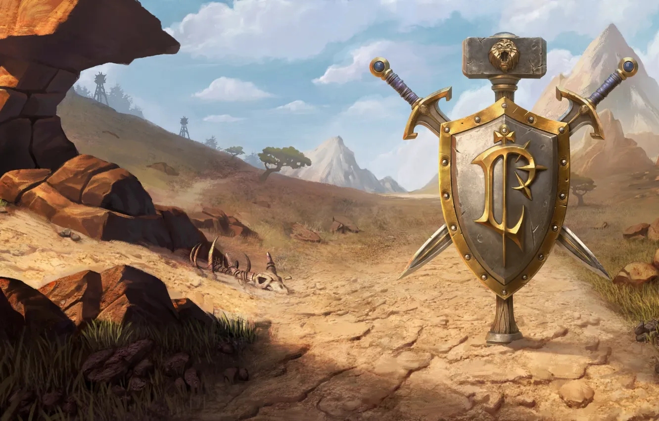 Photo wallpaper World of Warcraft, game, desert, mountains, weapons, digital art, artwork, shield