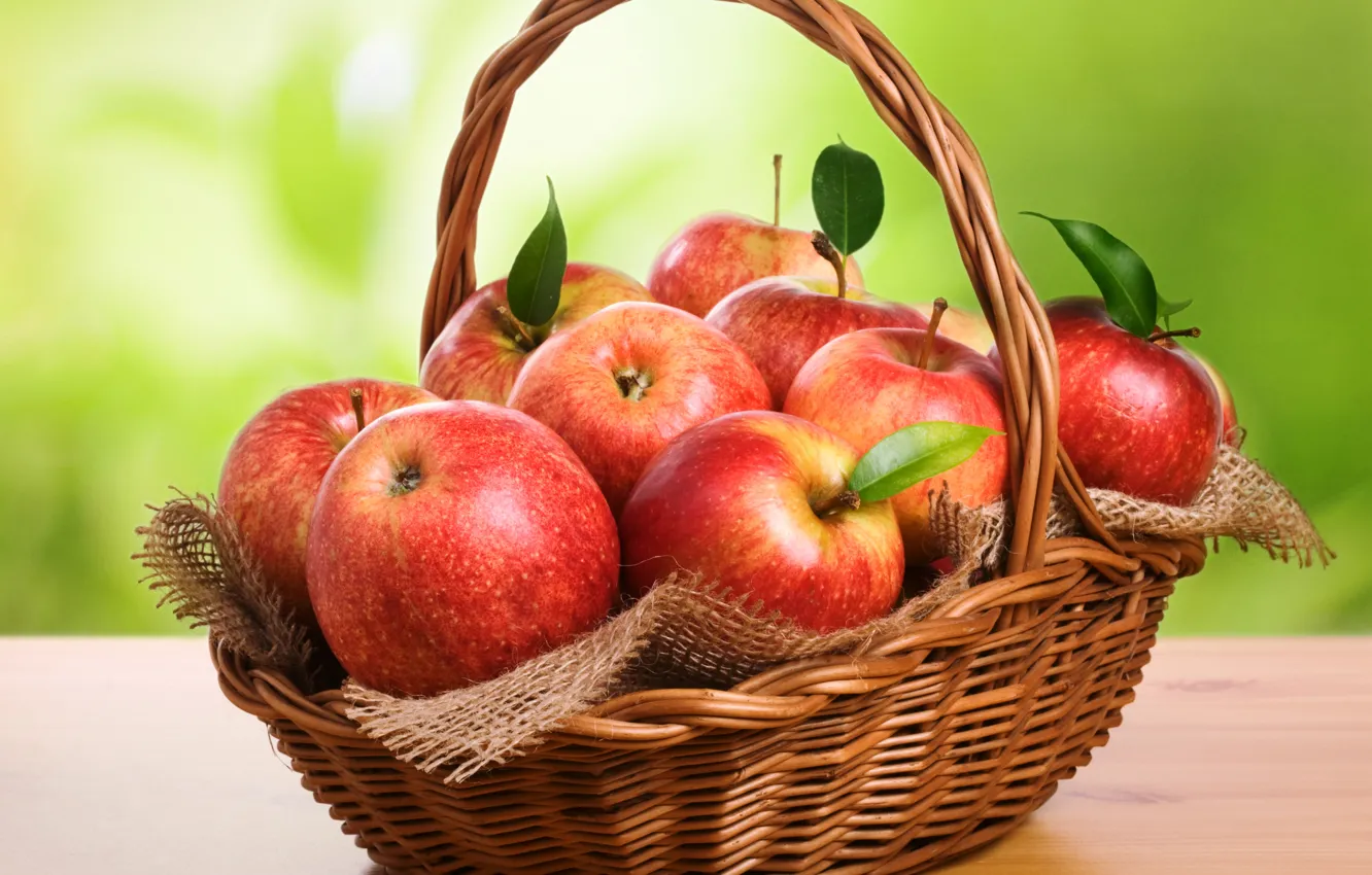 Photo wallpaper red, table, basket, apples, fruit