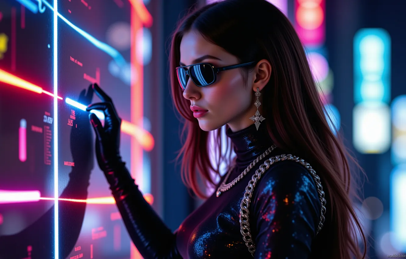 Photo wallpaper decoration, makeup, latex, digital art, black sunglasses, digital art, beautiful brown-haired, artificial intelligence