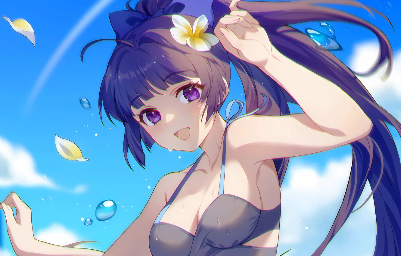 Photo wallpaper girl, sexy, sky, long hair, boobs, anime, water, beautiful