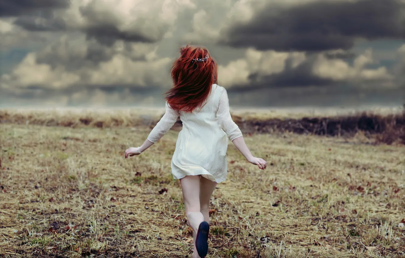 Photo wallpaper field, girl, clouds, running
