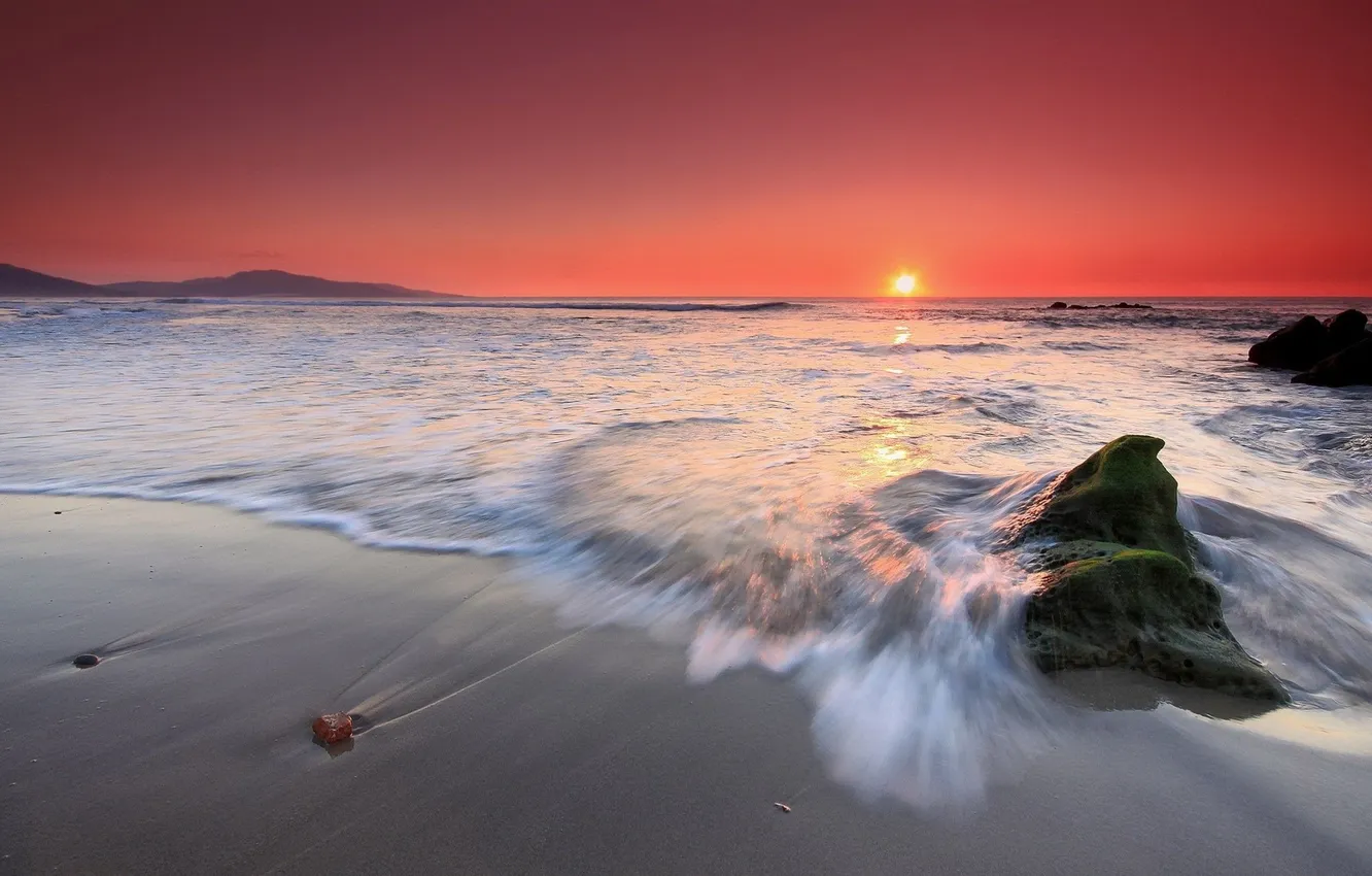 Photo wallpaper sea, wave, the sky, the sun, sunset, stones, red, shore