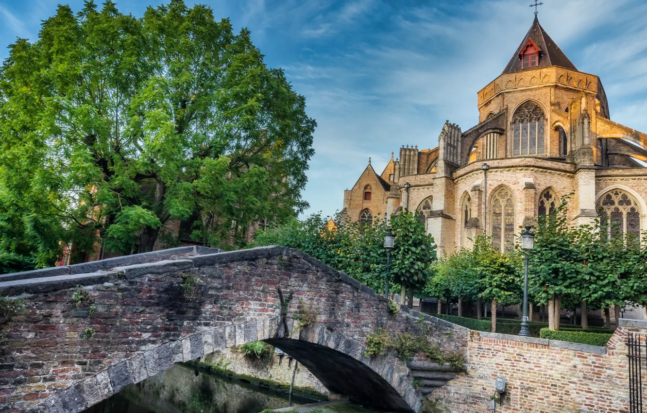 Photo wallpaper trees, bridge, Church, channel, Belgium, Belgium, Bruges, Bruges