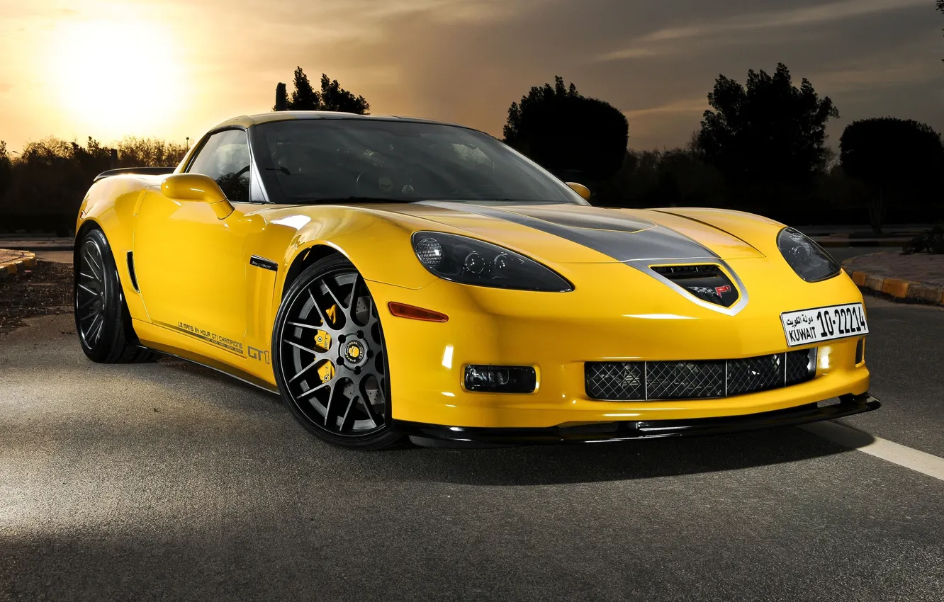 Photo wallpaper sunset, yellow, corvette, chevrolet, yellow, grand sport, Corvette, chevrole