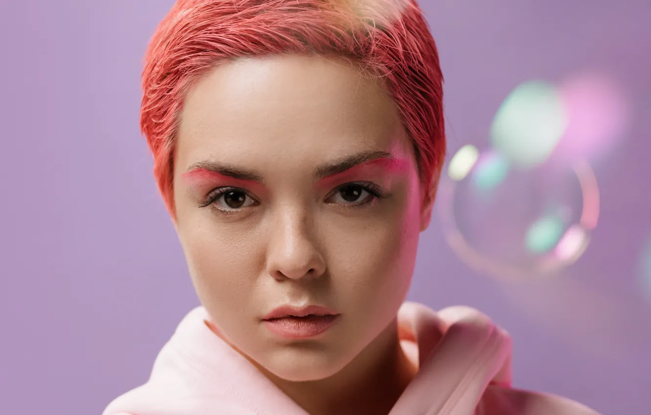 Photo wallpaper look, pink hair, brown eyes, brown eyes, look, pink hair, portrait of a girl, short …